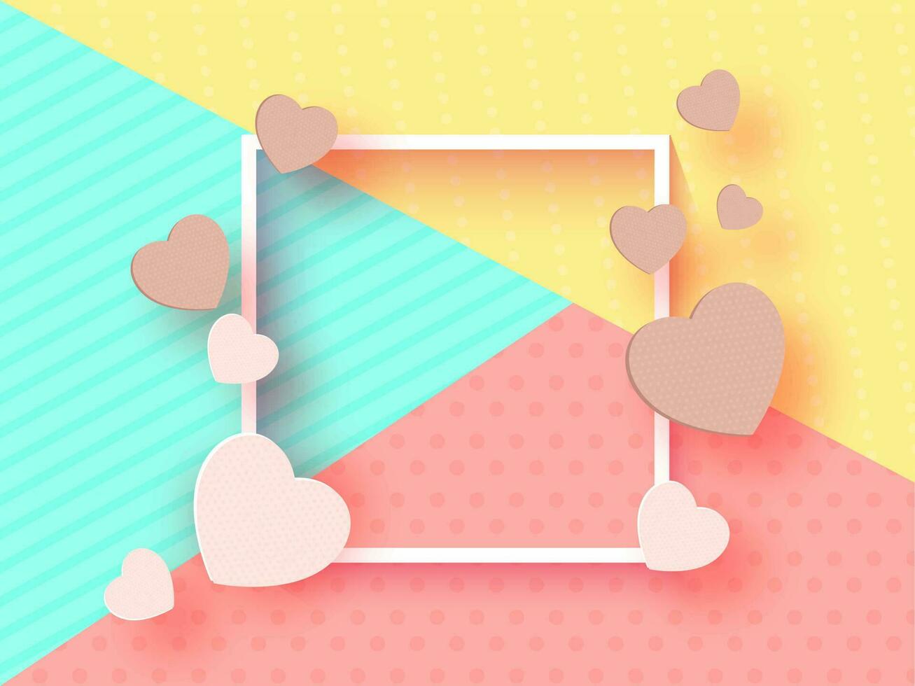 Paper Cut Hearts Decorated Empty Square Frame on Colorful Different Abstract Pattern Background. vector