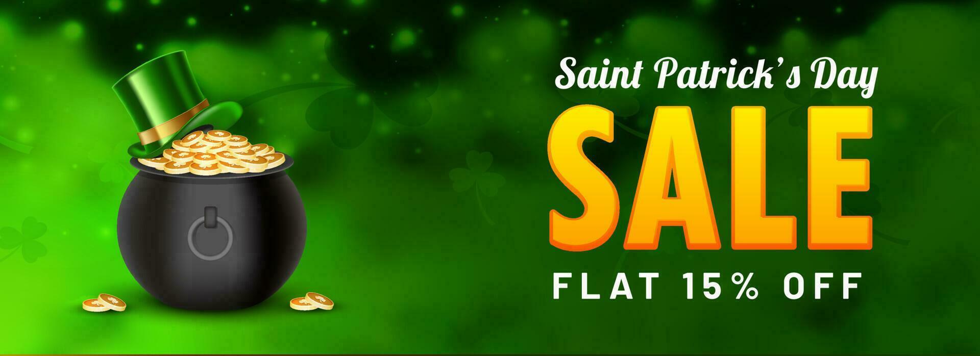 St. Patrick's Day Sale header or banner design with discount offer, coins pot and leprechaun hat illustration on green blurred background. vector