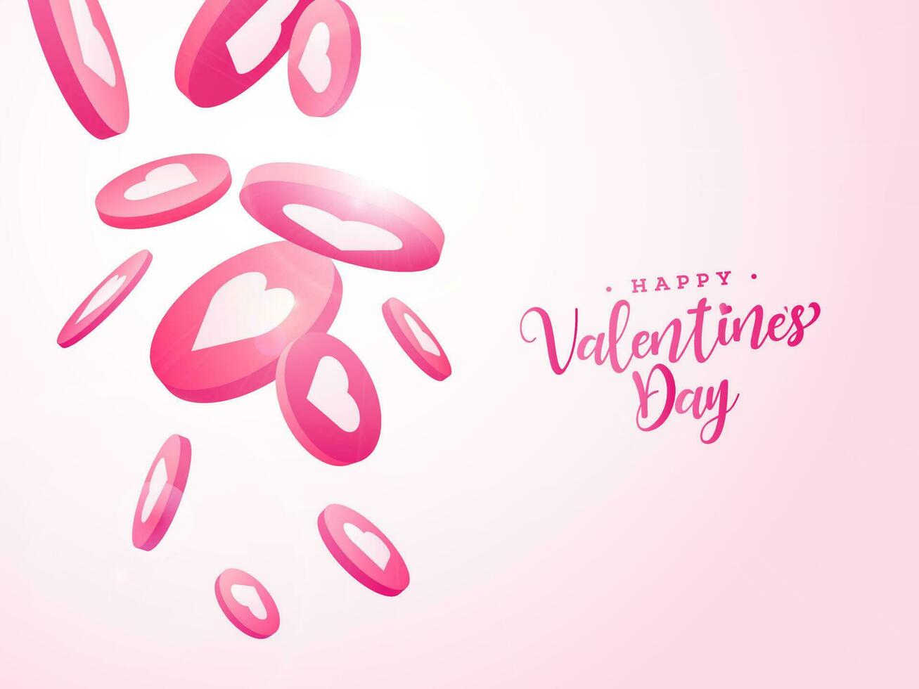 contento San Valentín día fuente y 3d corazón formas decorado en rosado antecedentes. vector