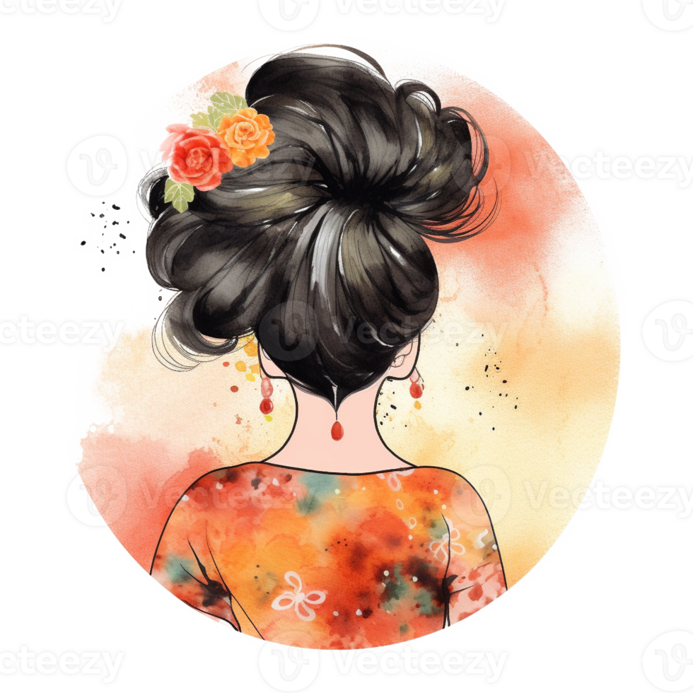 messy Bun Holyday Black Hair watercolor Art, png