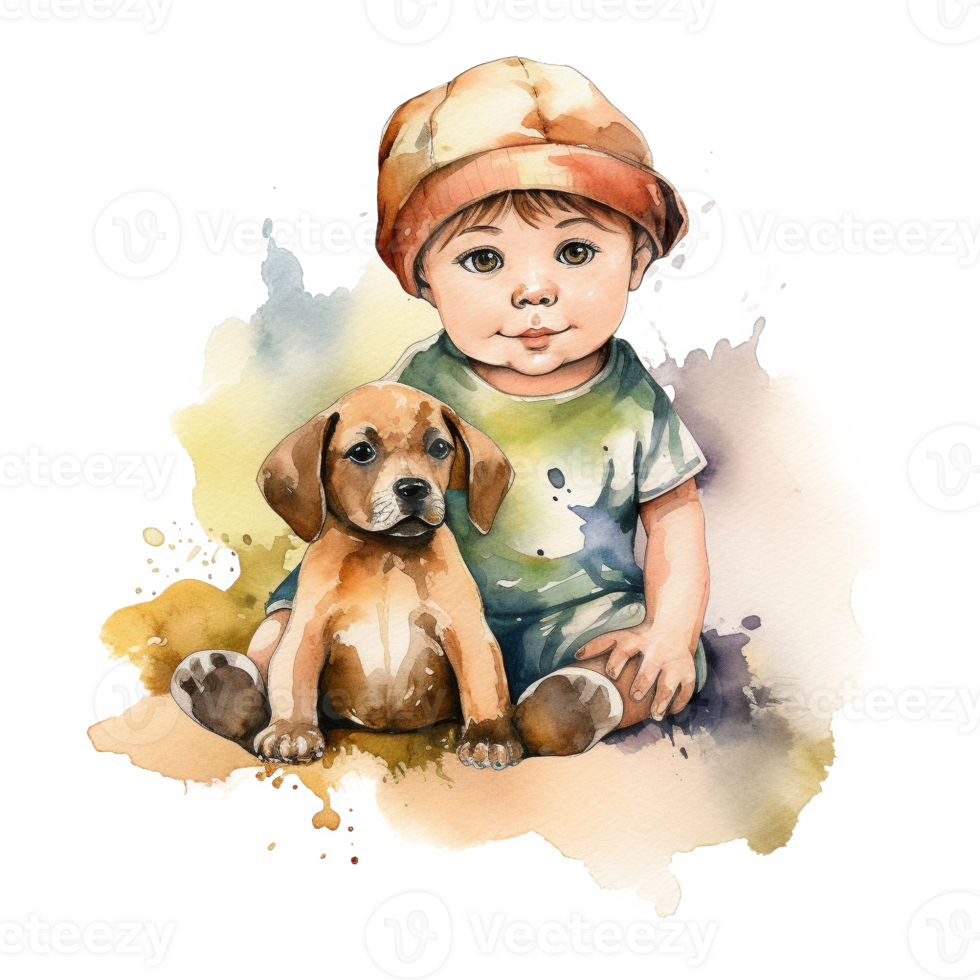 Watercolor Cute Baby Boy and Dog Sublimation Design, png