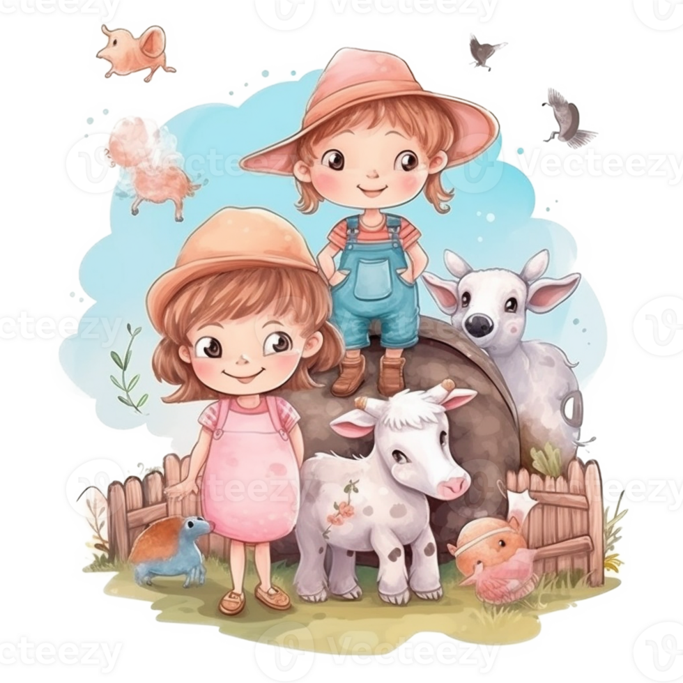 Cute Kids on The Farm Watercolor Art, png