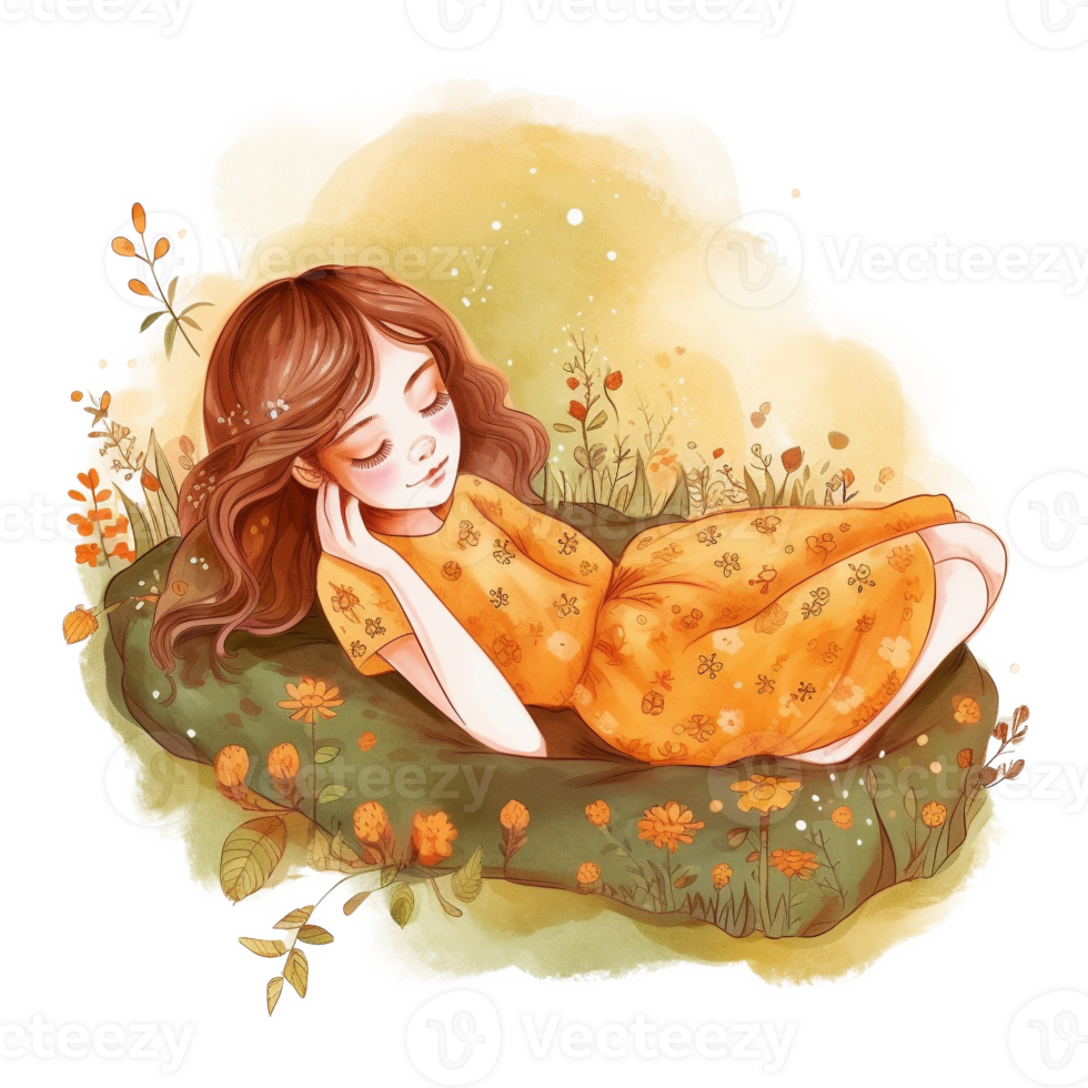 Lazy Slepping Girl Watercolor Art, png