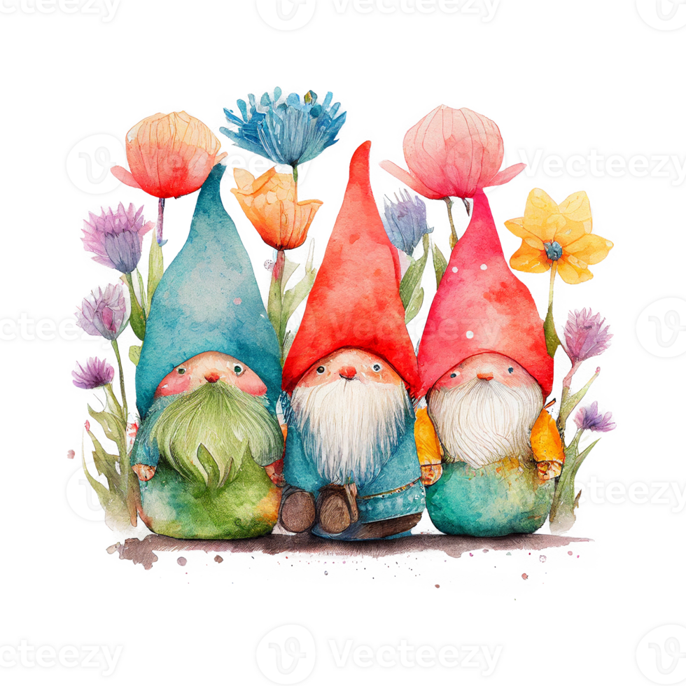Cute Spring Flower Gnomes Watercolor Art, png