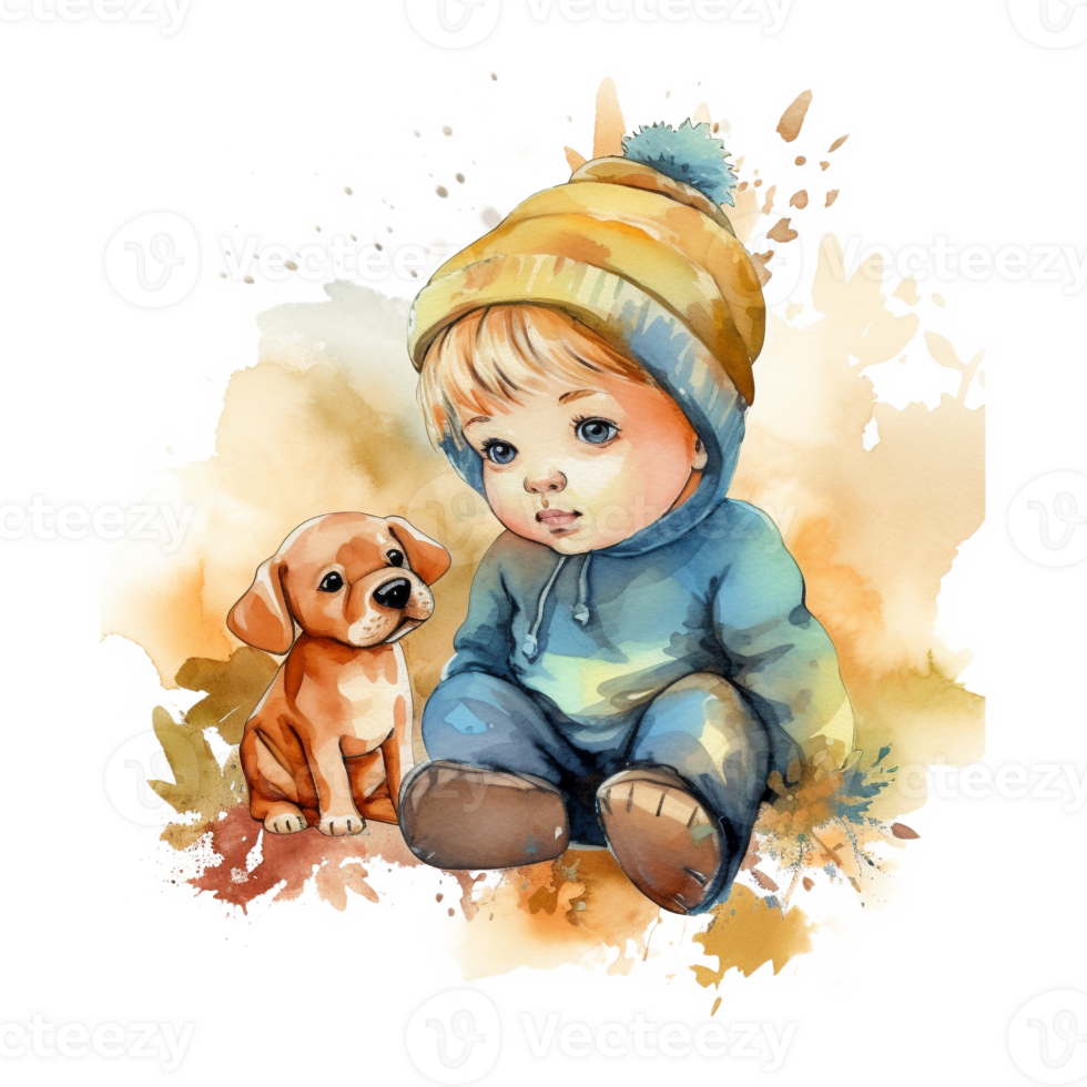 Watercolor Cute Baby Boy and Dog Sublimation Design, png