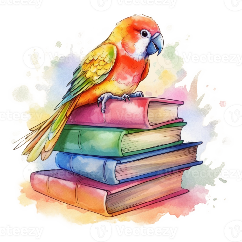 Cute Parrot on Books Watercolor Art, png