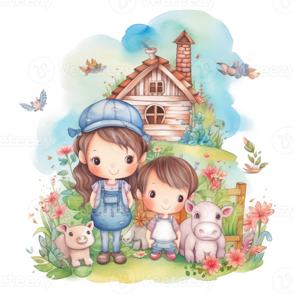Cute Kids on The Farm Watercolor Art, png