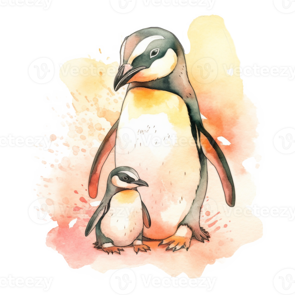 mam en baby pinguïn waterverf kunst, generatief ai png