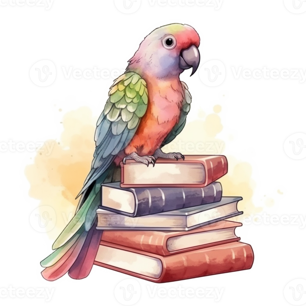 Cute Parrot on Books Watercolor Art, png