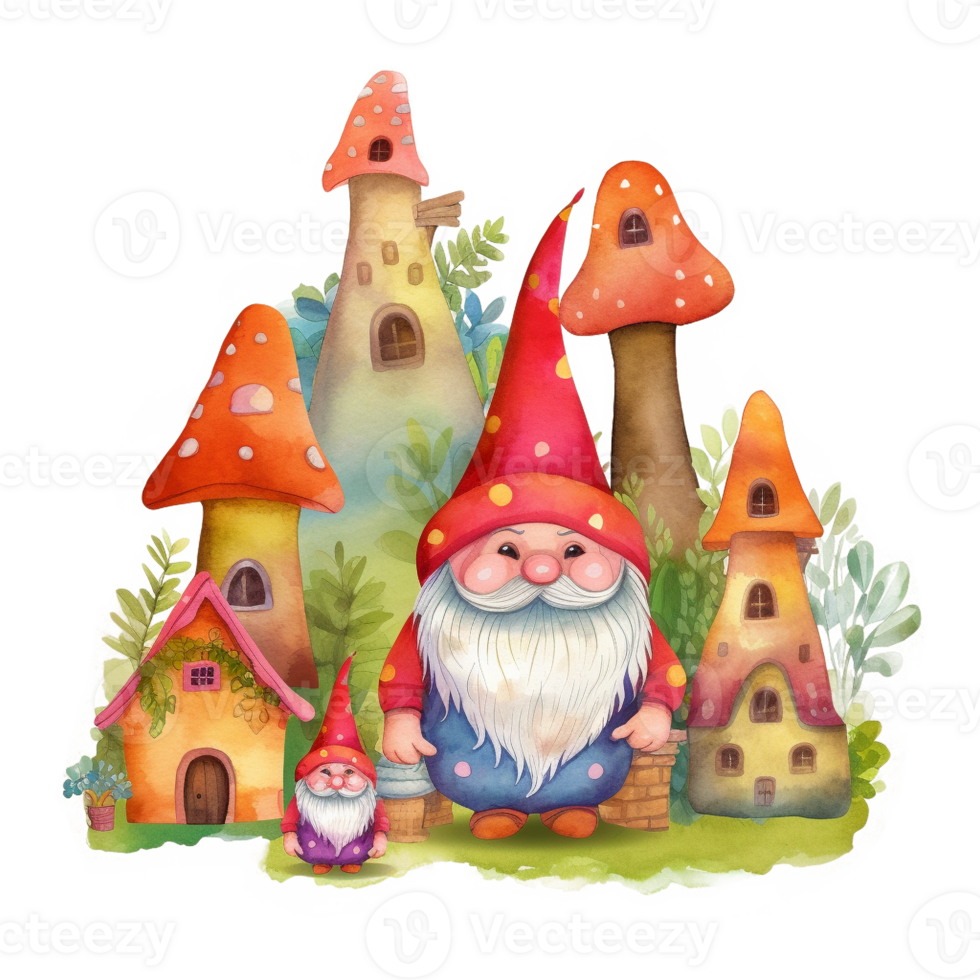 Happy Gnome Village Watercolor Art, png