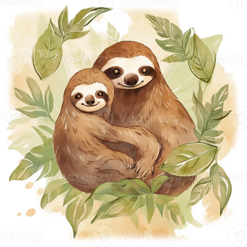 Sloth Mom and Baby Watercolor Art, png