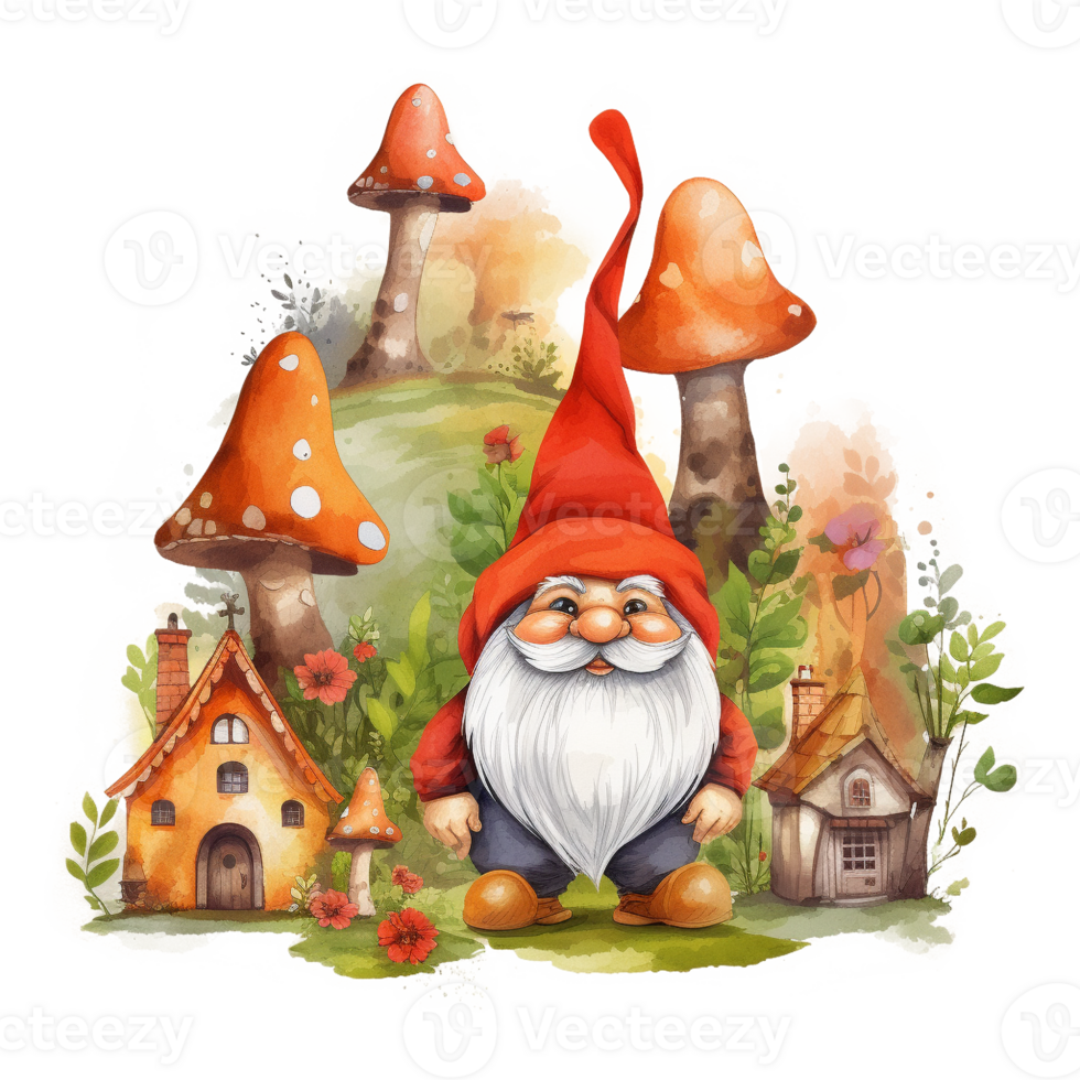 content gnome village aquarelle art, génératif ai png