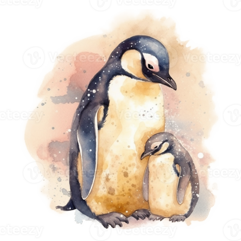 Mom and Baby Penguin Watercolor Art, png