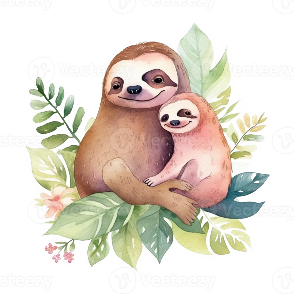 Sloth Mom and Baby Watercolor Art, png