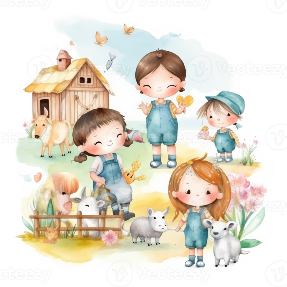 Cute Kids on The Farm Watercolor Art, png