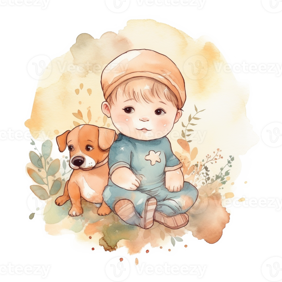 Watercolor Cute Baby Boy and Dog Sublimation Design, png