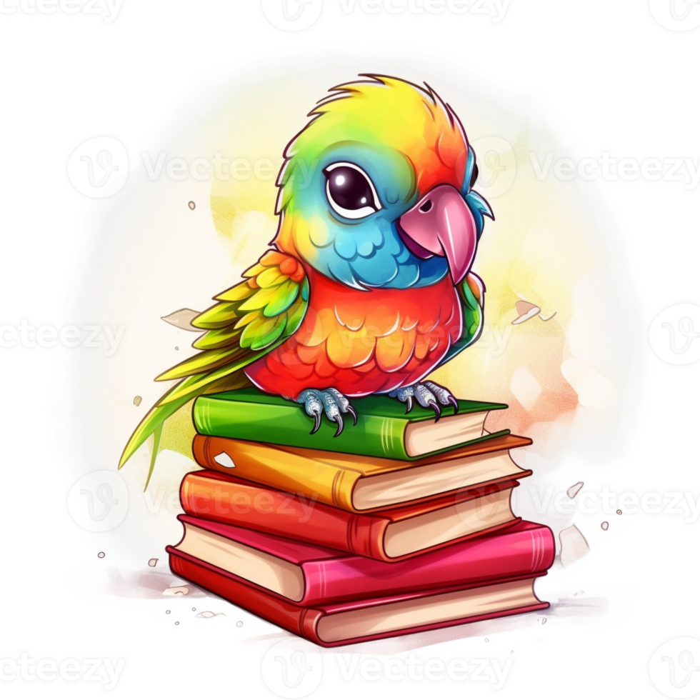 Cute Parrot on Books Watercolor Art, png