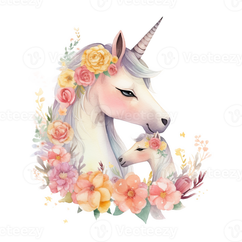 Mom and baby Unicorn Floral Watercolor Art, png