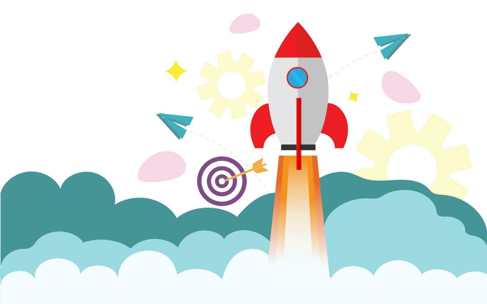 Flat style illustration of launching a rocket from clouds for Business Startup concept. Can be used as banner or poster design. vector