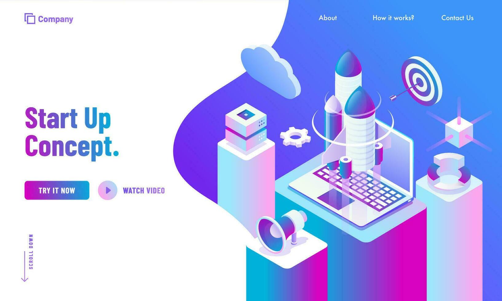 Advertising website poster or landing page design, 3d illustration of rocket with laptop, cloud and infographics charts on business workspace for Start Up concept. vector