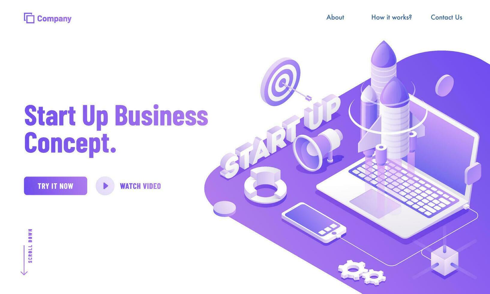 User online launching their project by laptop and smartphone service app for Start Up Business concept website poster design. vector