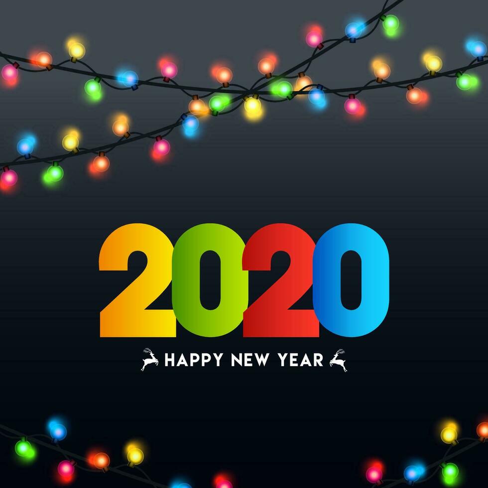 Colorful text 2020 Happy New Year on black background decorated with lighting garland. vector