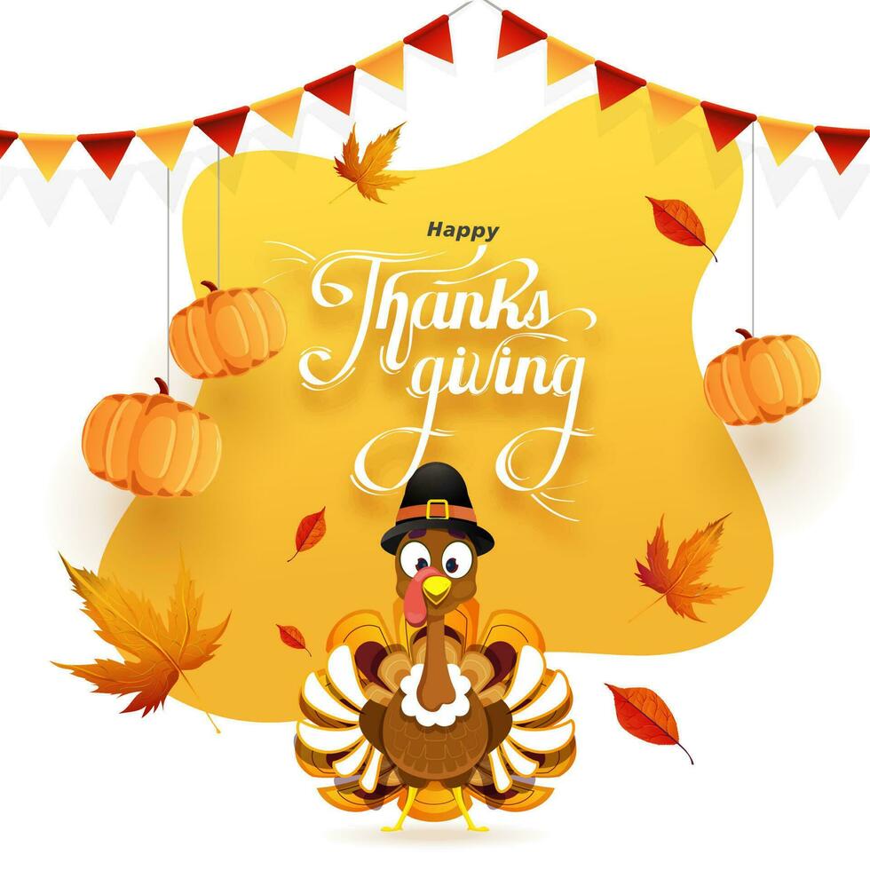 Happy Thanksgiving greeting card design decorated with hanging pumpkins, autumn leaves and turkey bird wearing pilgrim hat on abstract background. vector