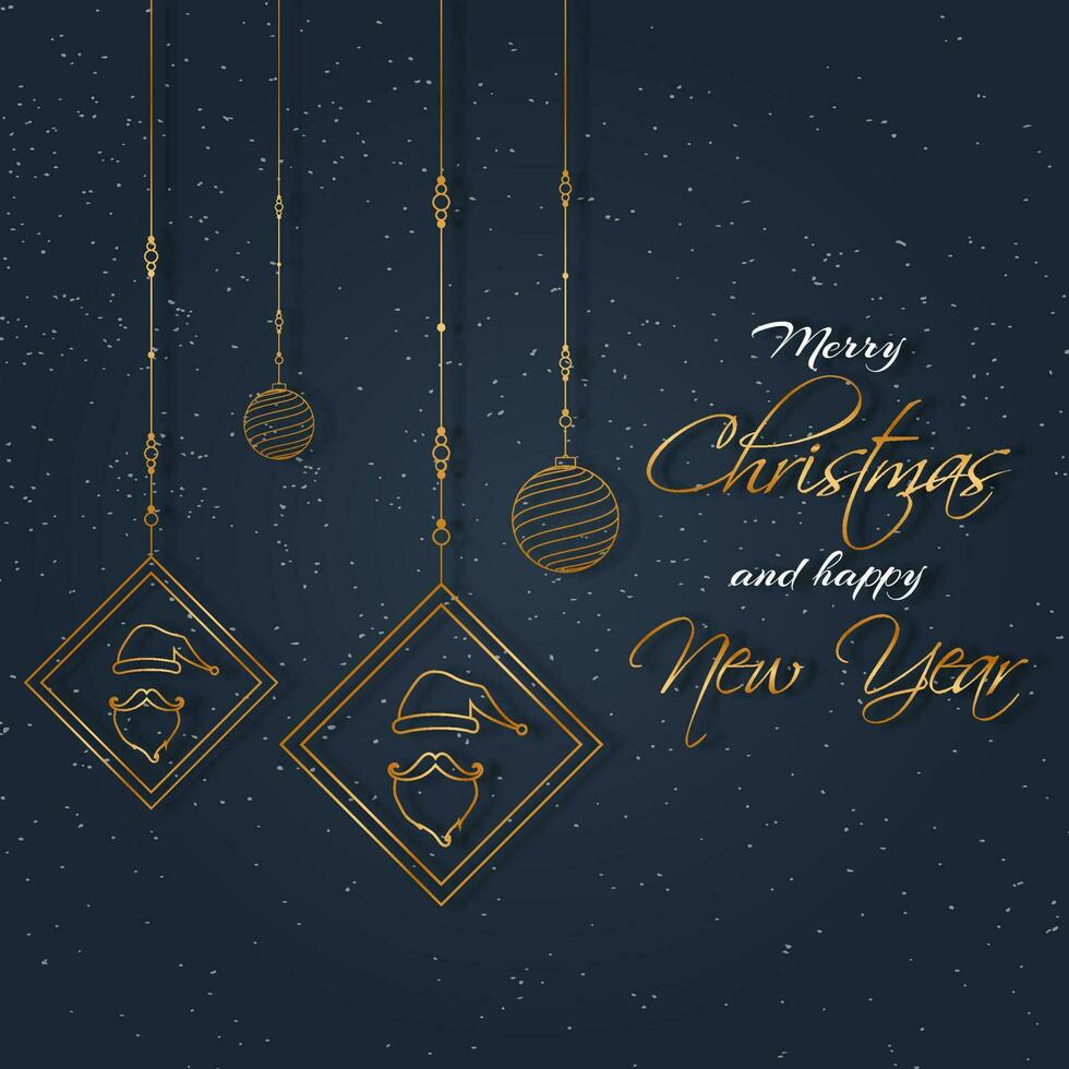 Merry Christmas and Happy New Year celebration greeting card design decorated with hanging santa face frame and baubles on blue background. vector