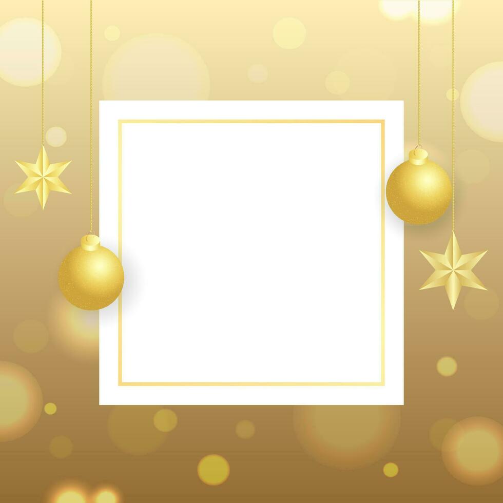 Greeting card design with hanging baubles and stars decorated on golden bokeh background with space for your text. vector