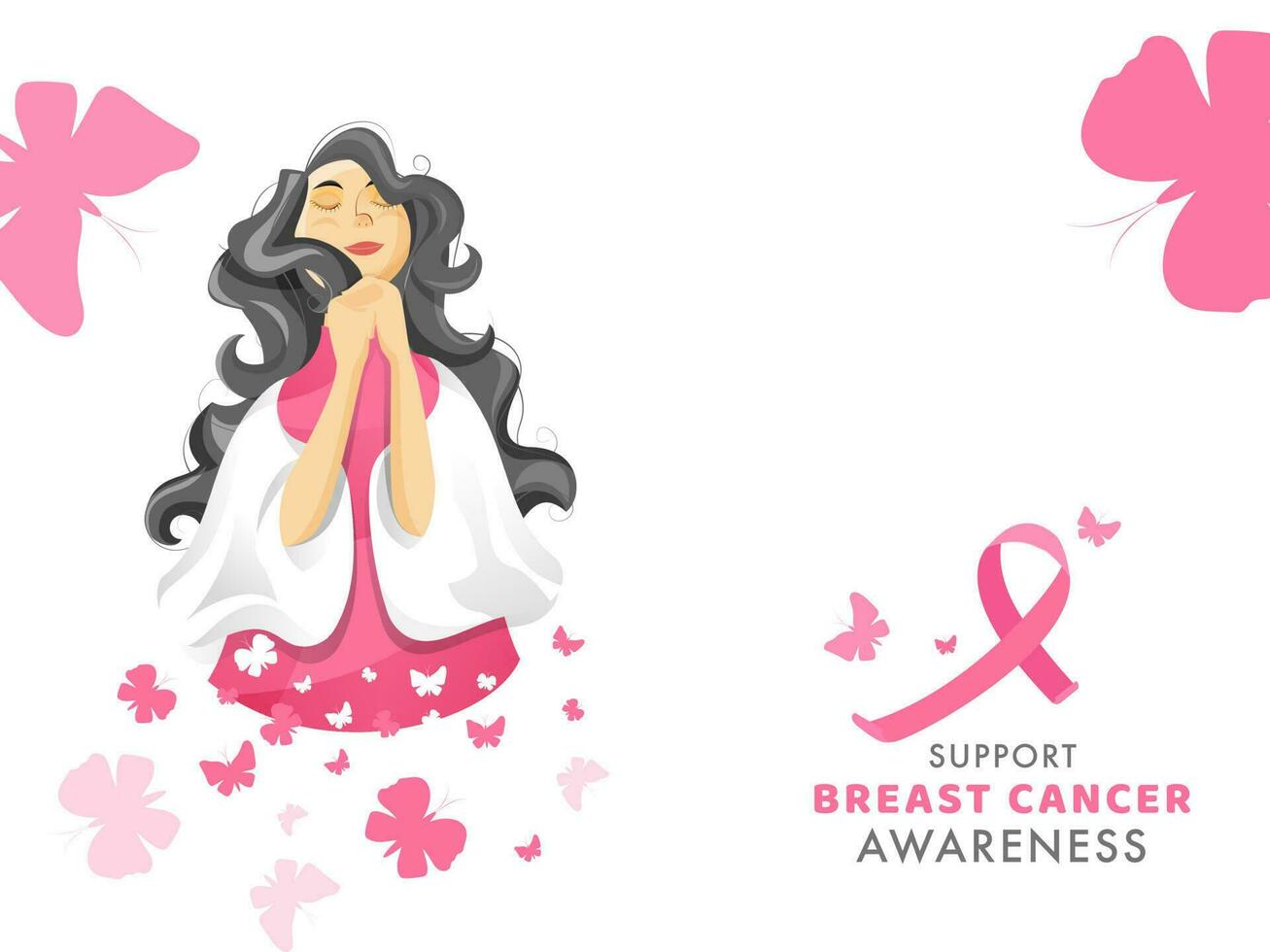 hermosa mujer Orando manos doblada con mariposas decorado en blanco antecedentes para apoyo pecho cáncer conciencia concepto. vector