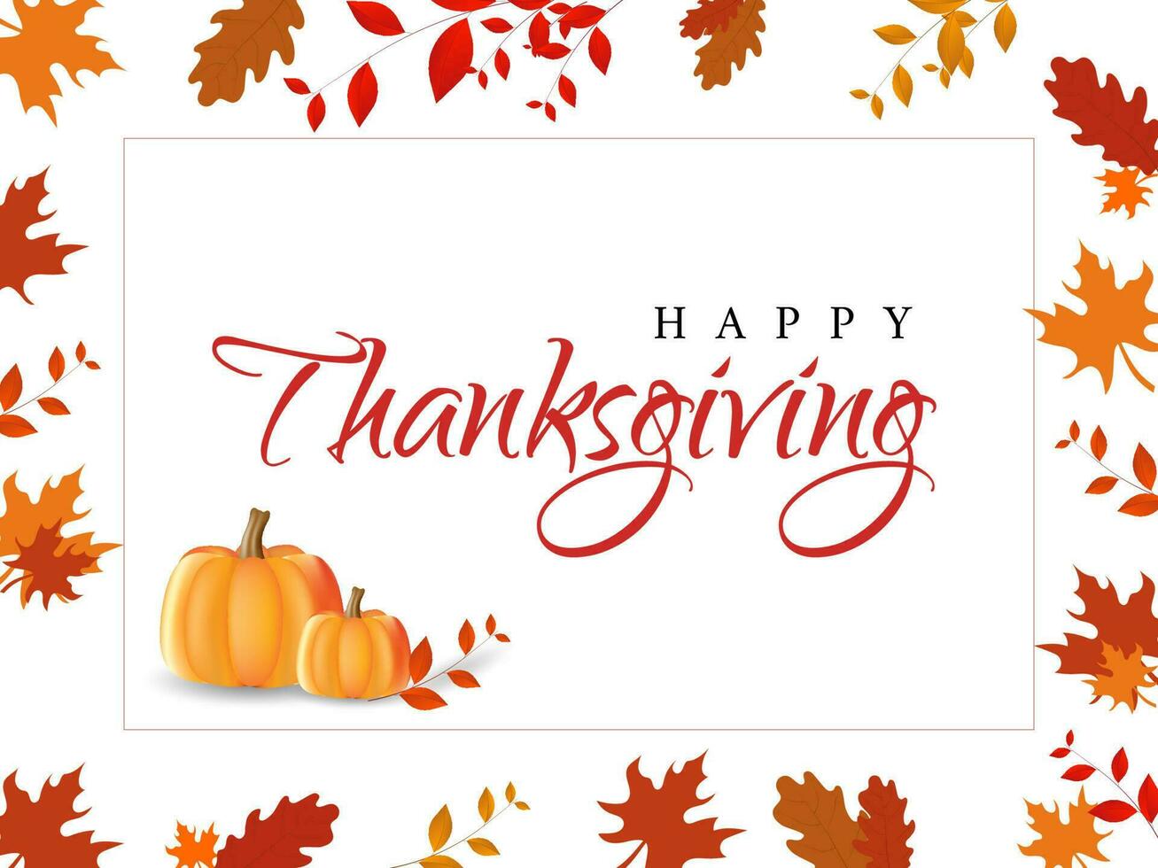 Calligraphy of Happy Thanksgiving with pumpkin and autumn leaves decorated on white background. Can be used as greeting card design. vector