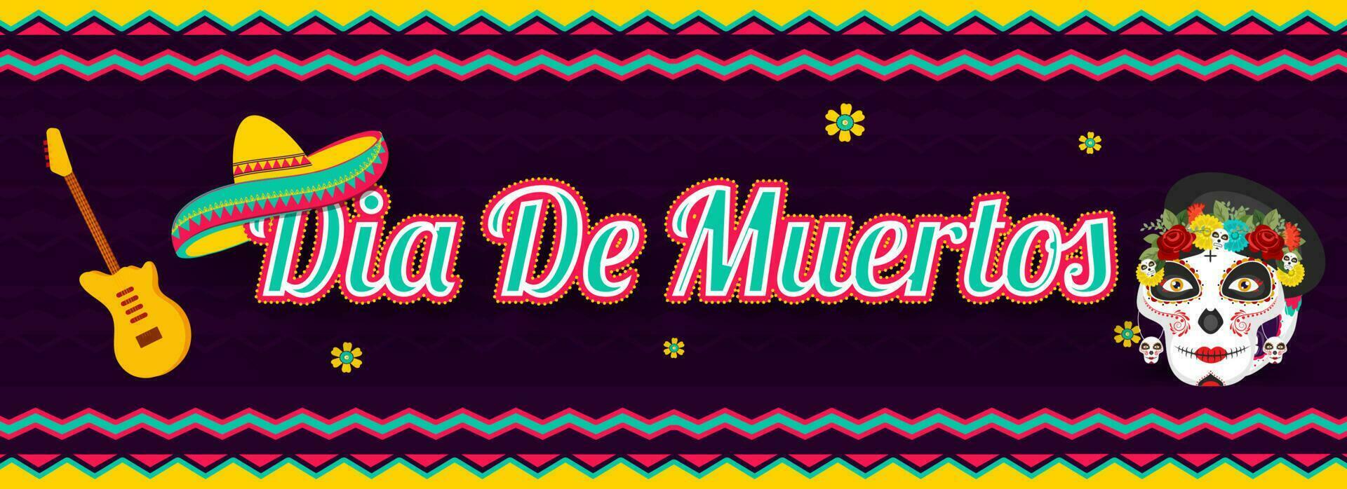 Website header or banner design with Dia De Muertos text with sugar skull or calavera, guitar and sombrero hat on purple wavy striped background. vector