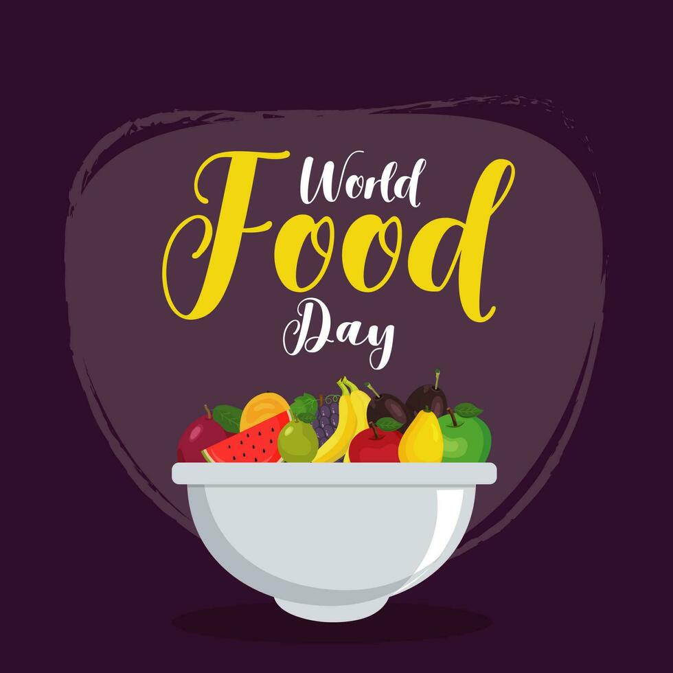 World Food Day poster or template design with bowl full of fruits on purple background. vector