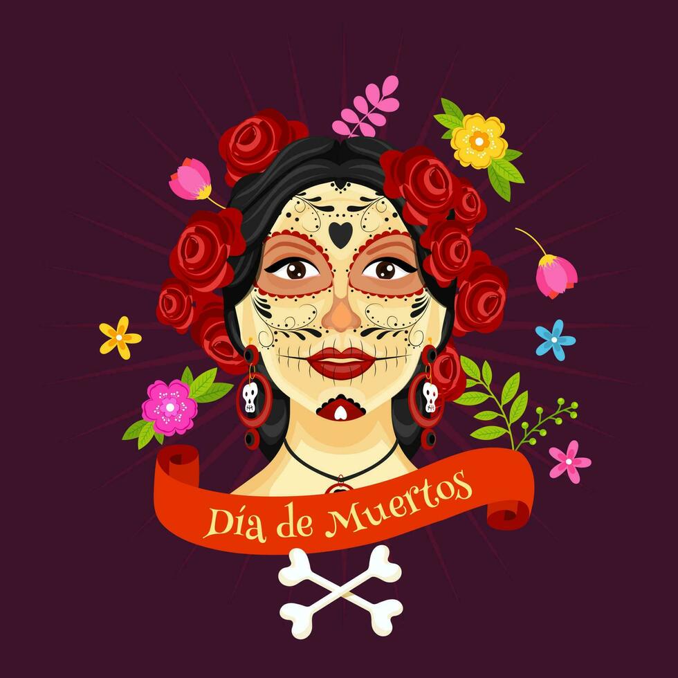 Illustration of catrina face decorated with flowers and crossbones on purple tays background for Dia De Muertos celebration concept. vector