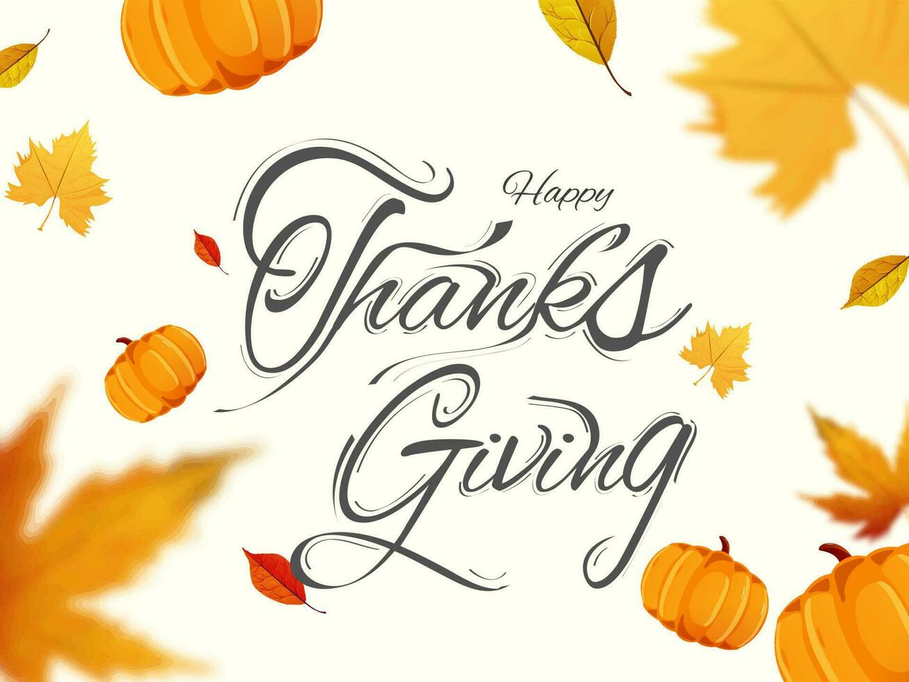 Calligraphy of Happy Thanksgiving with pumpkin and autumn leaves decorated on white background. Can be used as greeting card design. vector