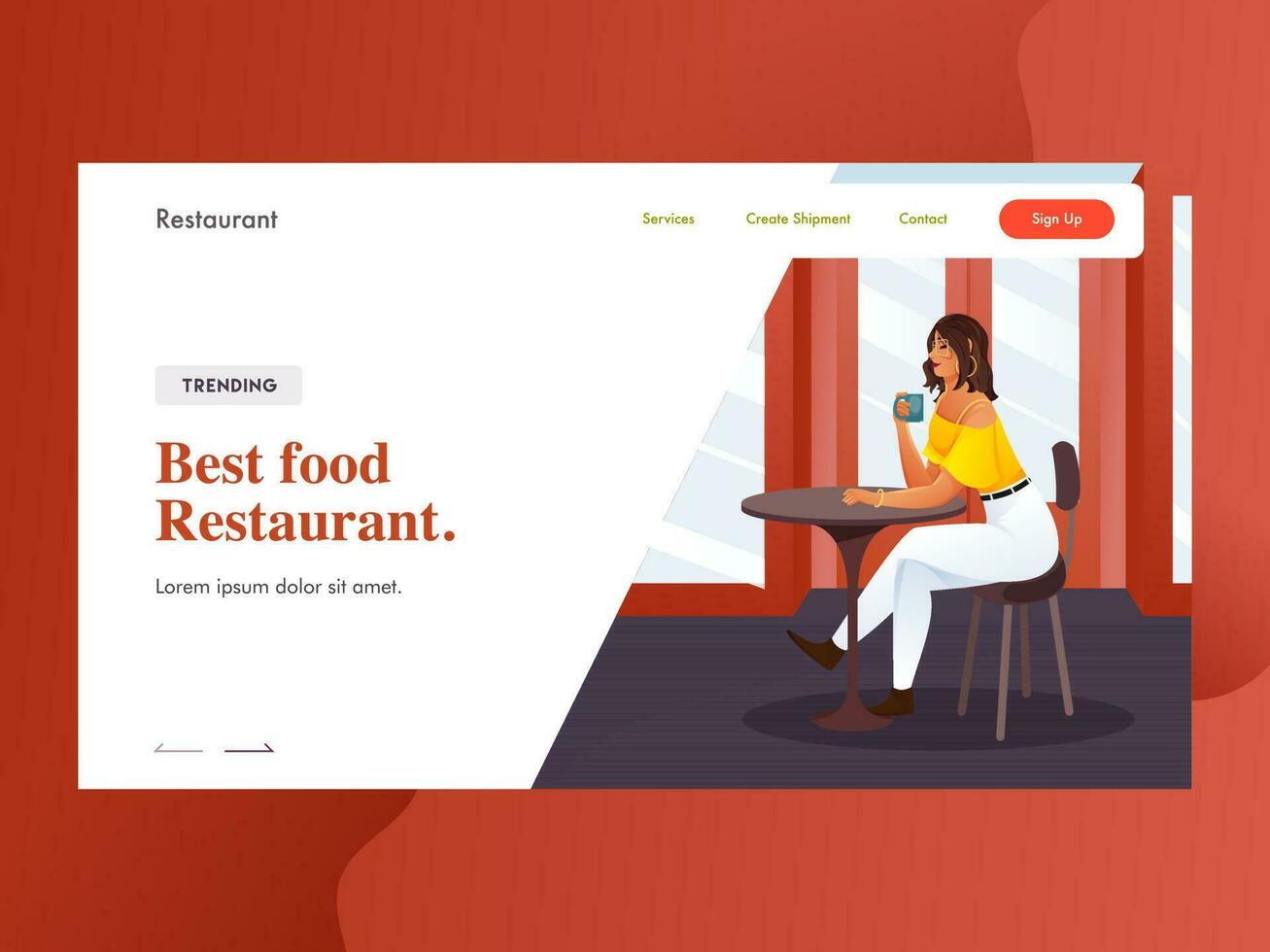 Best Food Restaurant landing page design with modern girl drinking coffee at restaurant. vector