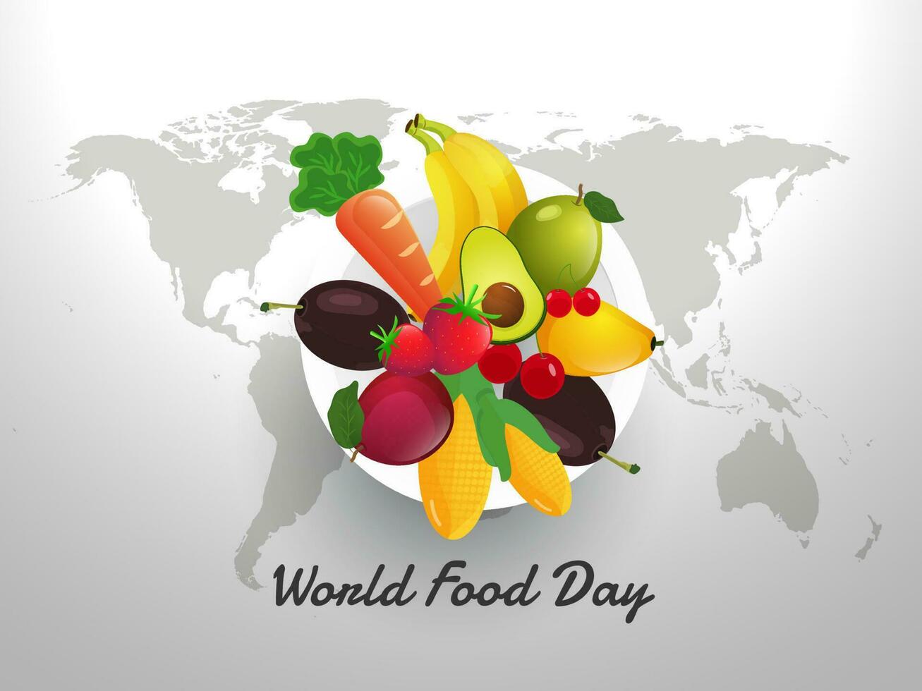 Top view of fruits with corn and carrot on plate with white world map background for World Food Day concept. vector