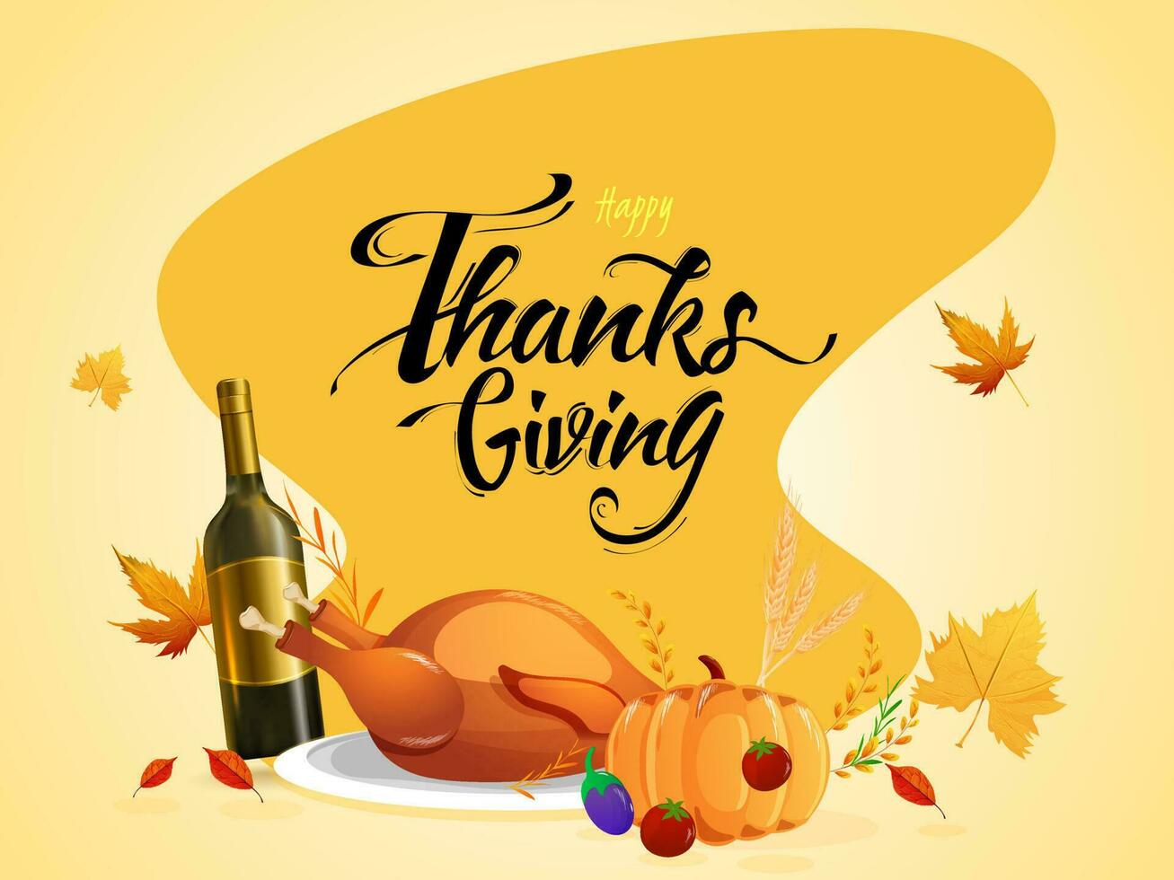 Happy Thanksgiving celebration poster design with champagne bottle, pumpkin, chicken and autumn leaves decorated on yellow abstract background. vector