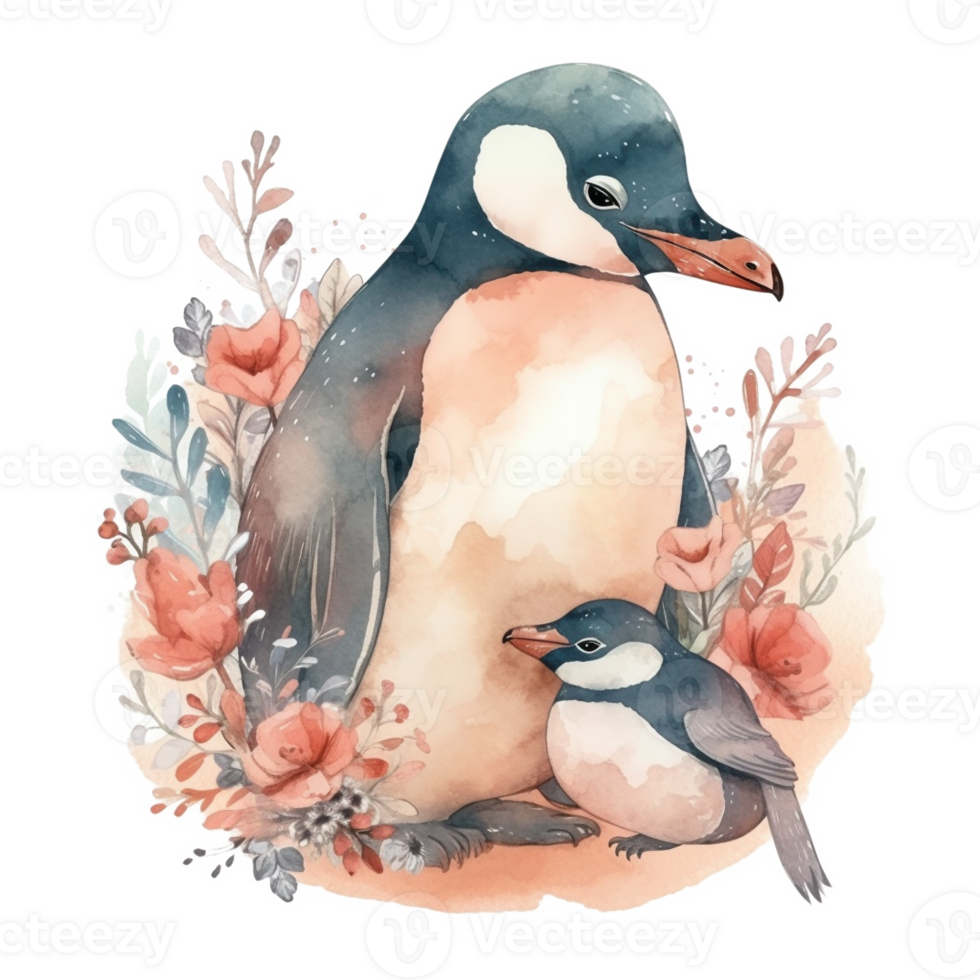Mom and Baby Penguin Watercolor Art, png