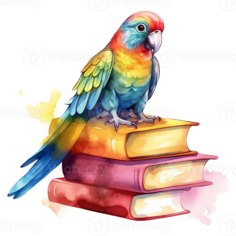 Cute Parrot on Books Watercolor Art, png