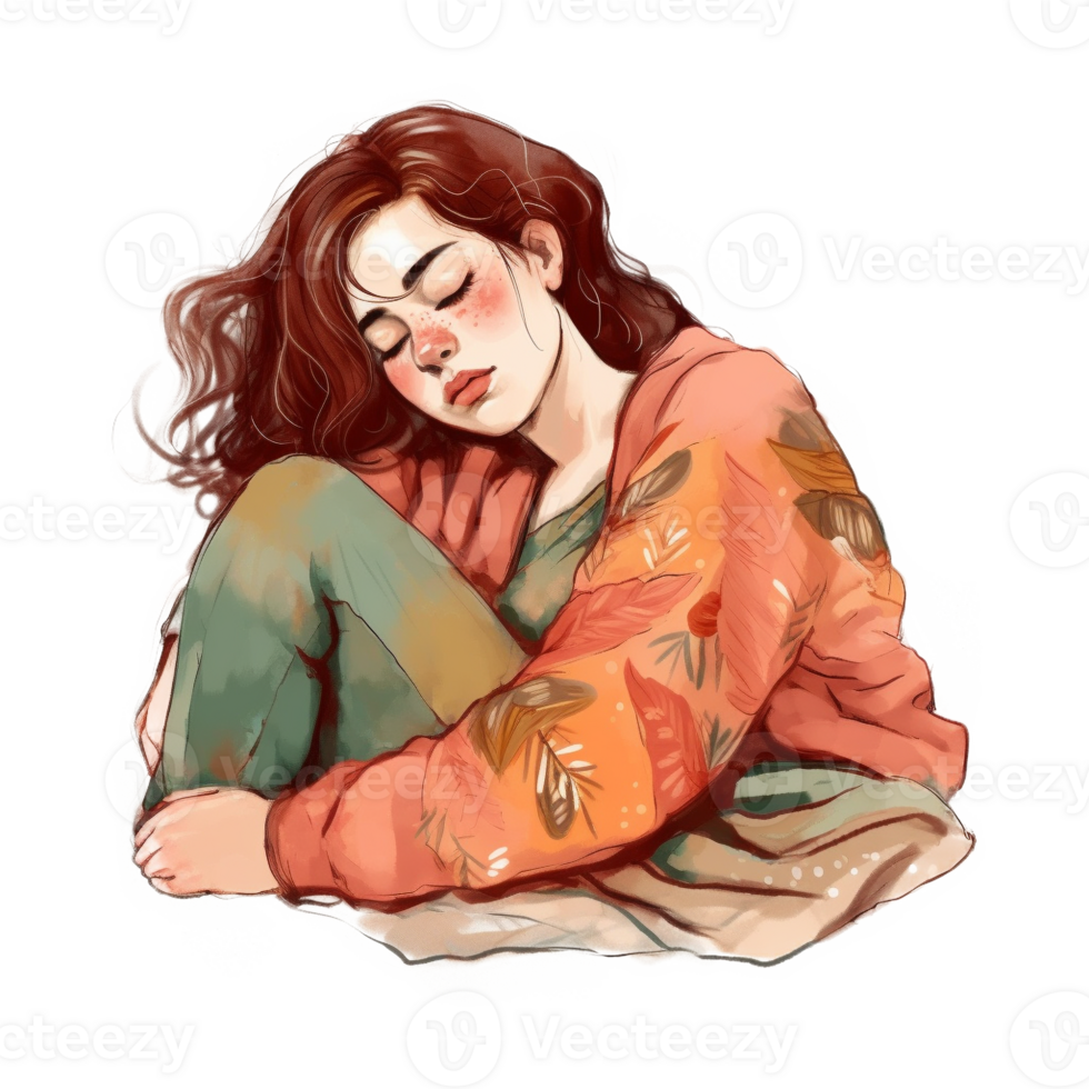 Lazy Slepping Girl Watercolor Art, png
