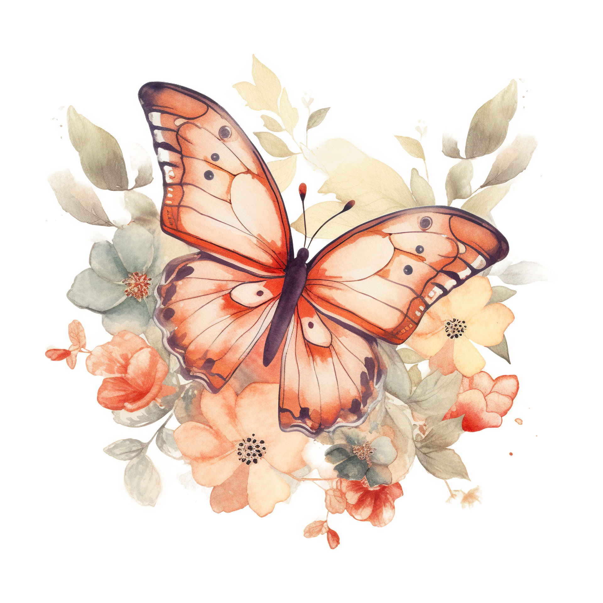 Retro Floral Butterfly Watercolor Art, Generative AI 23957932 PNG