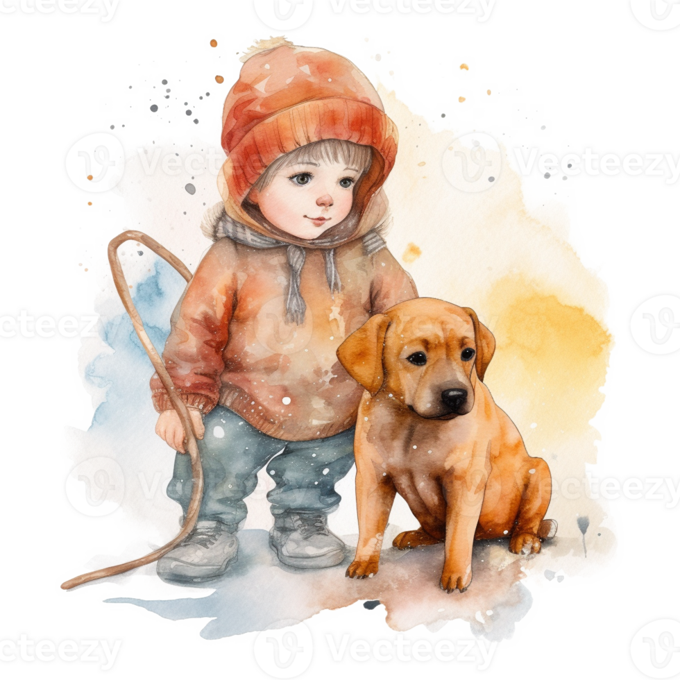 Watercolor Cute Baby Boy and Dog Sublimation Design, png