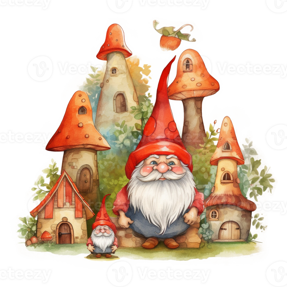 Happy Gnome Village Watercolor Art, png