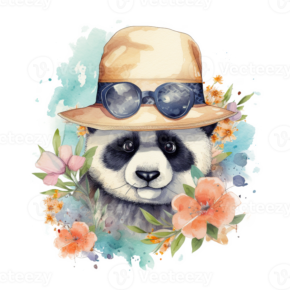 Cute Panda Summertime Watercolor Art, png
