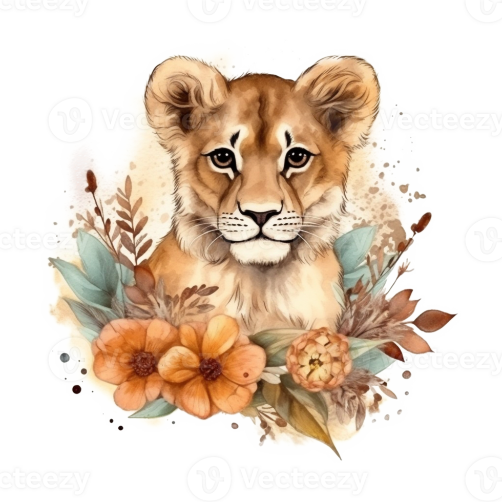 Lion Cub Floral Watercolor Art, png