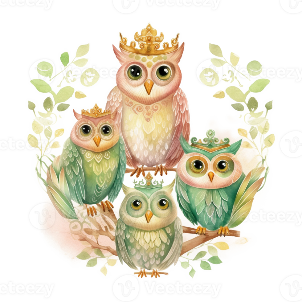 Royel Owl Family Watercolor Art, png