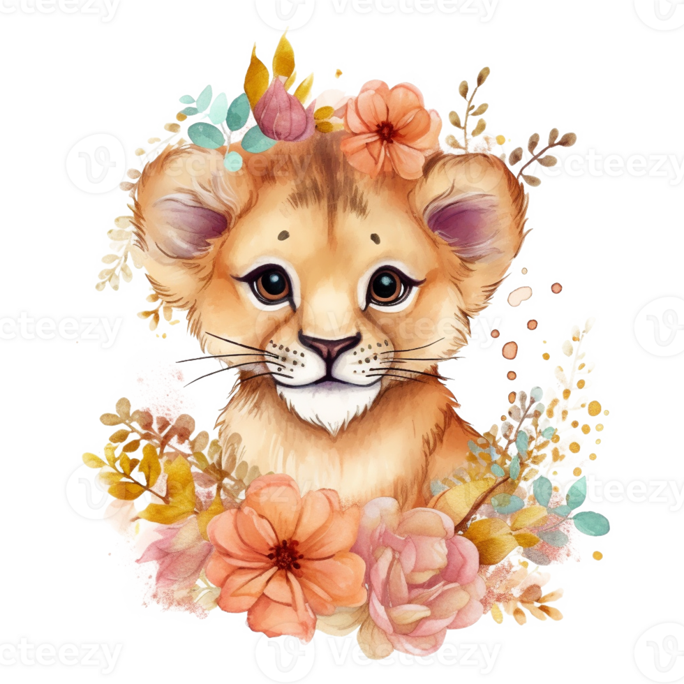 Lion Cub Floral Watercolor Art, png