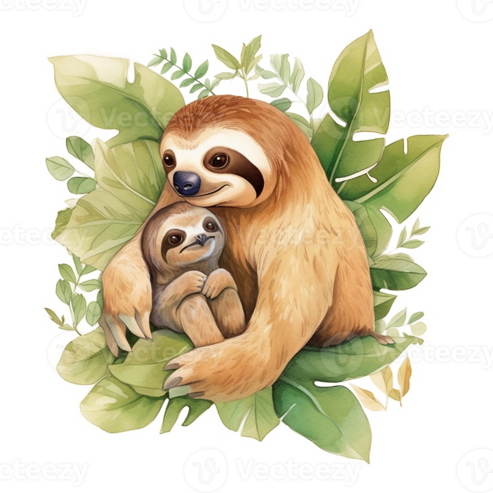 Sloth Mom and Baby Watercolor Art, png