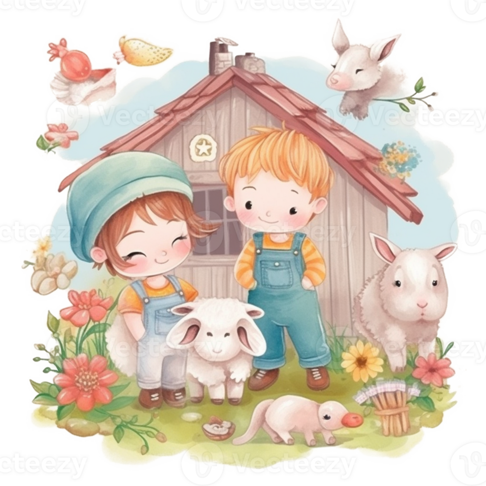 Cute Kids on The Farm Watercolor Art, png